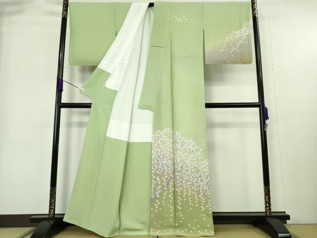 平和屋本店●極上　訪問着　総手刺繍　枝桜　若葉色地　暈し染め　金糸　逸品　未使用　DZAB9050kh6