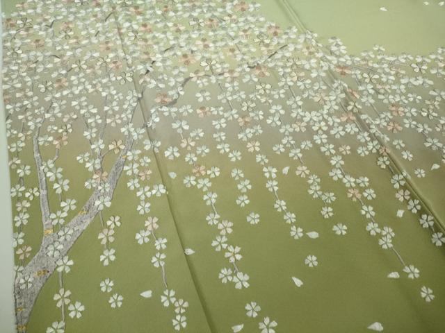 平和屋本店●極上　訪問着　総手刺繍　枝桜　若葉色地　暈し染め　金糸　逸品　未使用　DZAB9050kh6
