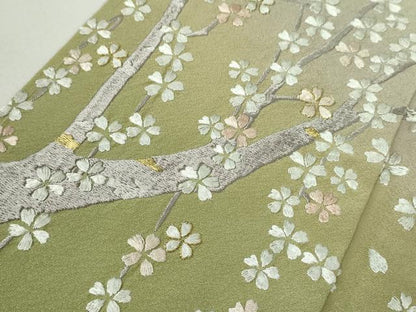 平和屋本店●極上　訪問着　総手刺繍　枝桜　若葉色地　暈し染め　金糸　逸品　未使用　DZAB9050kh6