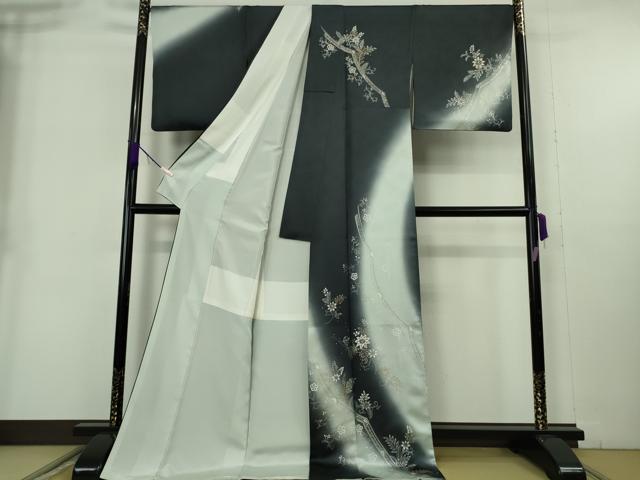 平和屋着物●極上　訪問着　スパンコール　花唐草文　暈し染め　金銀彩　銀通し地　ロング丈　逸品　DZAB9052kh6