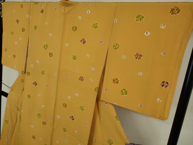 平和屋本店●極上　銀座　志ま亀　小紋　吉祥丸文　柑子色地　鬼しぼ縮緬　たとう紙付き　逸品　DZAB9056kh6