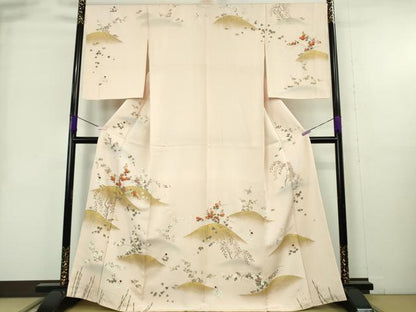 平和屋本店●極上　訪問着　駒刺繍　千鳥　吉祥花文　薄卵色地　金彩　逸品　DZAB9059kh6