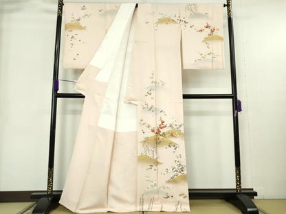 平和屋本店●極上　訪問着　駒刺繍　千鳥　吉祥花文　薄卵色地　金彩　逸品　DZAB9059kh6