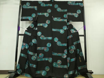 平和屋本店●極上　染色作家　斉藤三才　小紋　渦　黒地　金銀彩　逸品　DZAB9061kh6
