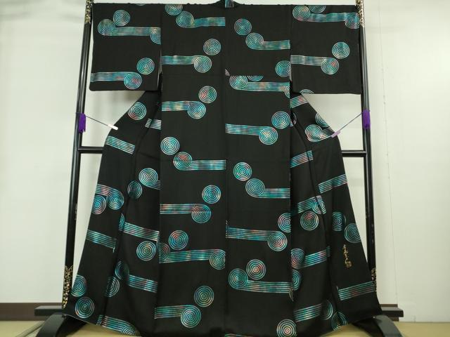 平和屋本店●極上　染色作家　斉藤三才　小紋　渦　黒地　金銀彩　逸品　DZAB9061kh6