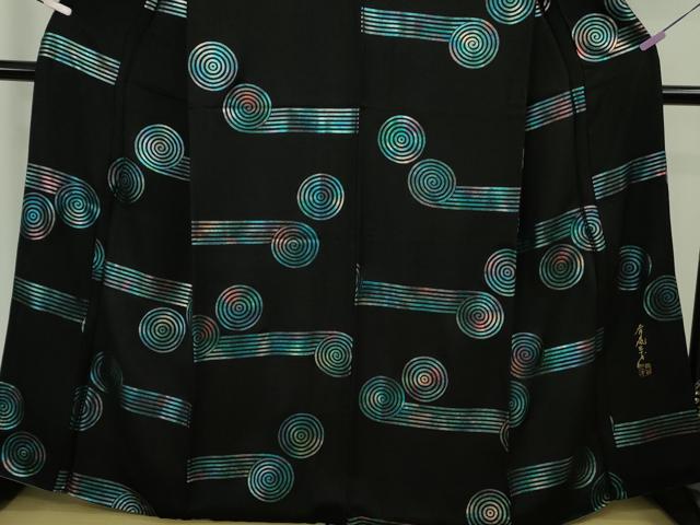 平和屋本店●極上　染色作家　斉藤三才　小紋　渦　黒地　金銀彩　逸品　DZAB9061kh6