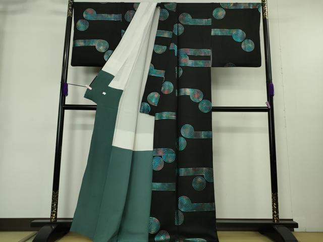 平和屋本店●極上　染色作家　斉藤三才　小紋　渦　黒地　金銀彩　逸品　DZAB9061kh6