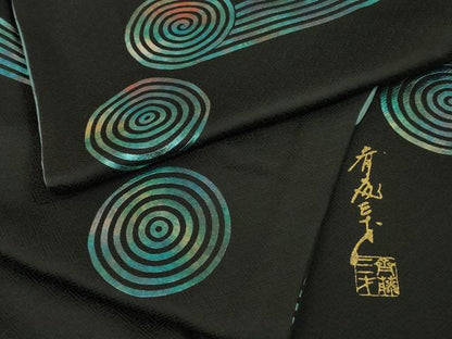 平和屋本店●極上　染色作家　斉藤三才　小紋　渦　黒地　金銀彩　逸品　DZAB9061kh6