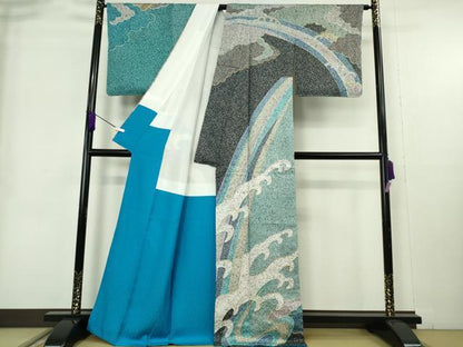 平和屋着物●極上　染色の魔術師　染乃座・大久保玄才　そめのざ玄才　訪問着　刺繍　立波文　金銀糸　逸品　未使用　DZAB9064kh6