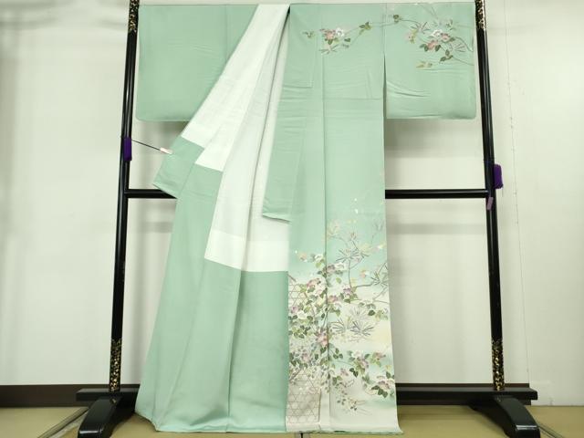 平和屋本店●極上　京加賀友禅　松本健一　訪問着　吉祥花文　錆青磁色地　逸品　未使用　DZAB9075kh6