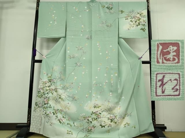 平和屋本店●極上　京加賀友禅　松本健一　訪問着　吉祥花文　錆青磁色地　逸品　未使用　DZAB9075kh6