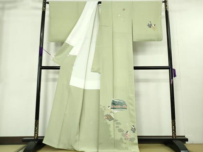 平和屋着物●極上　本加賀友禅作家　石田巳代治　訪問着　童　若葉色地　証紙付き　逸品　DZAB9076kh6
