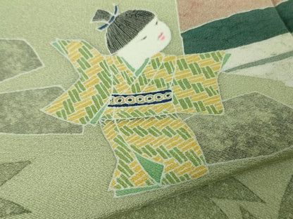 平和屋着物●極上　本加賀友禅作家　石田巳代治　訪問着　童　若葉色地　証紙付き　逸品　DZAB9076kh6