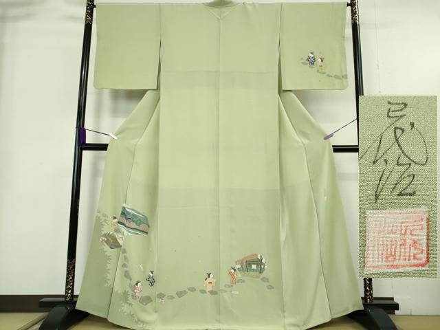 平和屋着物●極上　本加賀友禅作家　石田巳代治　訪問着　童　若葉色地　証紙付き　逸品　DZAB9076kh6