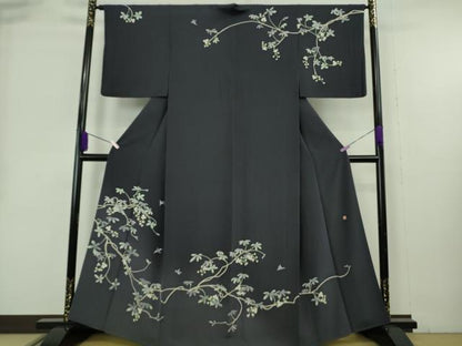 平和屋本店●極上　本加賀友禅作家　魚津誠　訪問着　小鳥　枝花文　青褐色地　暈し染め　ほていや扱い　逸品　DZAB9077kh6