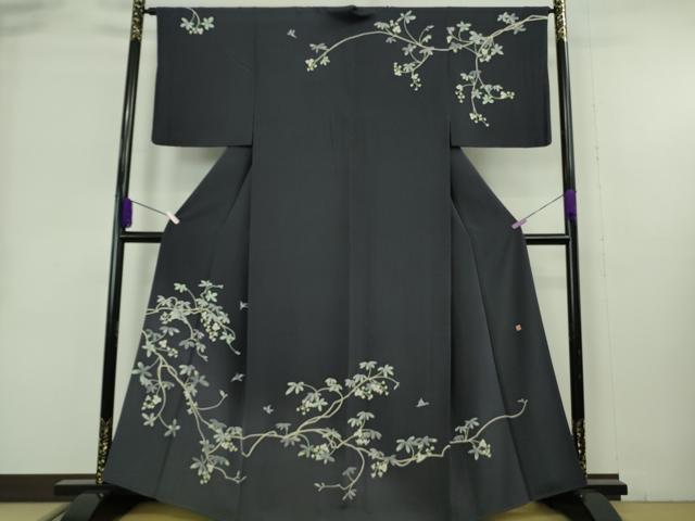 平和屋本店●極上　本加賀友禅作家　魚津誠　訪問着　小鳥　枝花文　青褐色地　暈し染め　ほていや扱い　逸品　DZAB9077kh6