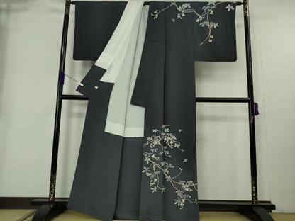 平和屋本店●極上　本加賀友禅作家　魚津誠　訪問着　小鳥　枝花文　青褐色地　暈し染め　ほていや扱い　逸品　DZAB9077kh6
