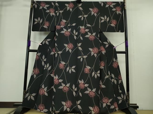 平和屋本店●極上　染色作家　斉藤三才　小紋　薔薇　バラ　黒地　金彩　逸品　DZAB9079kh6