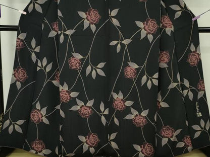 平和屋本店●極上　染色作家　斉藤三才　小紋　薔薇　バラ　黒地　金彩　逸品　DZAB9079kh6