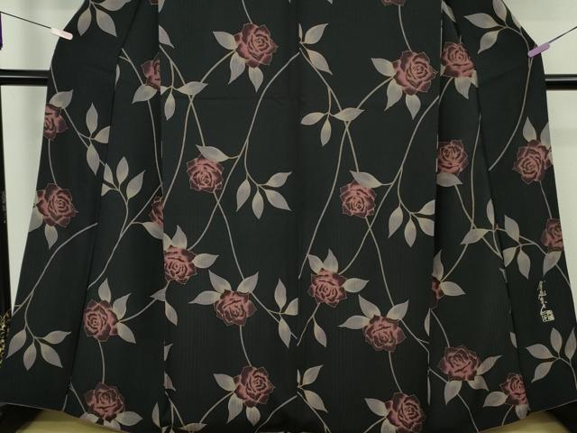 平和屋本店●極上　染色作家　斉藤三才　小紋　薔薇　バラ　黒地　金彩　逸品　DZAB9079kh6