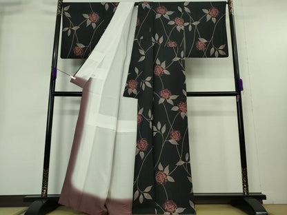 平和屋本店●極上　染色作家　斉藤三才　小紋　薔薇　バラ　黒地　金彩　逸品　DZAB9079kh6