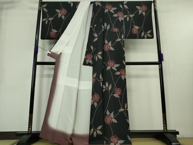 平和屋本店●極上　染色作家　斉藤三才　小紋　薔薇　バラ　黒地　金彩　逸品　DZAB9079kh6