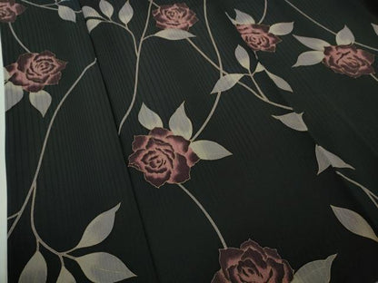 平和屋本店●極上　染色作家　斉藤三才　小紋　薔薇　バラ　黒地　金彩　逸品　DZAB9079kh6