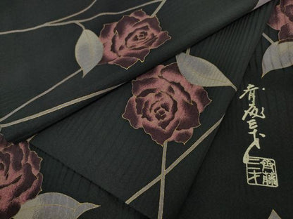 平和屋本店●極上　染色作家　斉藤三才　小紋　薔薇　バラ　黒地　金彩　逸品　DZAB9079kh6