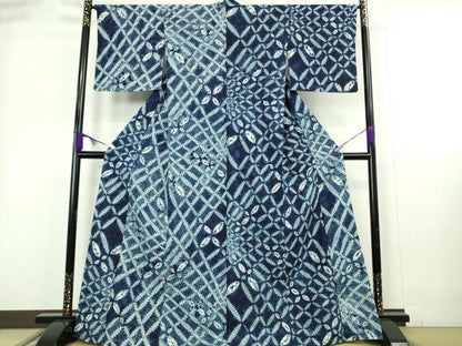 平和屋本店●極上　本藍　絞り染め　紬　七宝繋ぎ　逸品　DZAB9080kh6