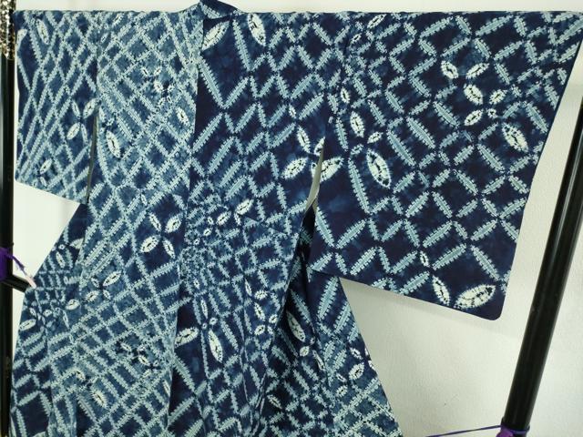 平和屋本店●極上　本藍　絞り染め　紬　七宝繋ぎ　逸品　DZAB9080kh6