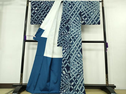 平和屋本店●極上　本藍　絞り染め　紬　七宝繋ぎ　逸品　DZAB9080kh6
