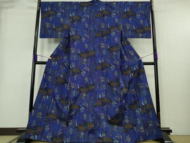 平和屋着物●極上　現代銘仙　小紋　平織絣　流水枝葉文　やまと金ラベル　逸品　DZAB9081kh6