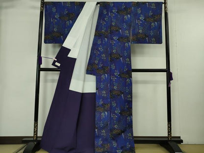 平和屋着物●極上　現代銘仙　小紋　平織絣　流水枝葉文　やまと金ラベル　逸品　DZAB9081kh6