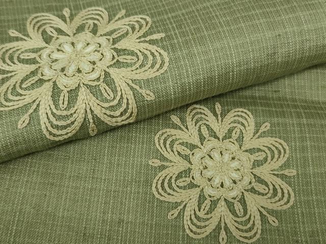 平和屋着物＊極上　夏物　赤城生紬　ムガシルク糸刺繍　舞花文　山葵色地　証紙付き　逸品　DZAB9085kh6