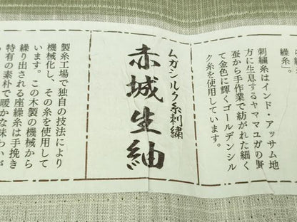 平和屋着物＊極上　夏物　赤城生紬　ムガシルク糸刺繍　舞花文　山葵色地　証紙付き　逸品　DZAB9085kh6