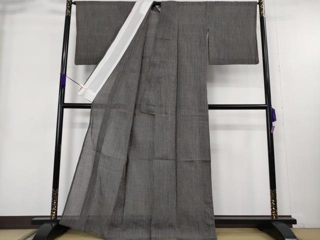 平和屋着物＊極上　夏物　本場小千谷ちぢみ　麻　縞　消炭色×黒　逸品　DZAB9088kh6