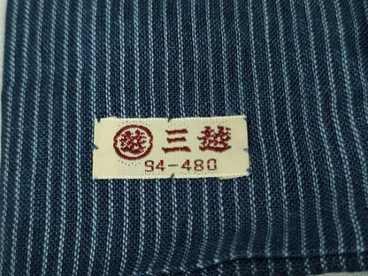 平和屋着物＊極上　夏物　男性　本場小千谷ちぢみ　キングサイズ　麻　縞　留紺色×薄縹色　三越扱い　逸品　DZAB9089kh6