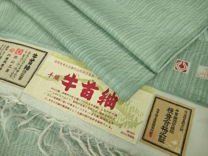 平和屋本店＊極上　夏物　石川県指定無形文化財　夏牛首紬　白山工房　手織り　よろけ縞　証紙付き　逸品　DZAB9090kh6