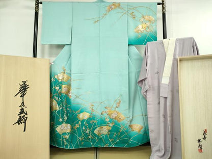 平和屋本店●極上 国際的伝統工芸作家 十二代・藤林徳扇 苑寿 訪問着・長襦袢セット 駒刺繍 暈し 金銀彩 共箱付き 逸品 未使用 DZAB9098kh6