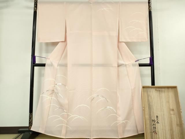 平和屋本店＊希少　夏物　皇室献上作家 野村静枝　佐賀錦　訪問着　縦絽　芝文　薄い水柿色地　銀糸　共箱付き　逸品　未使用　DZAB9100kh6