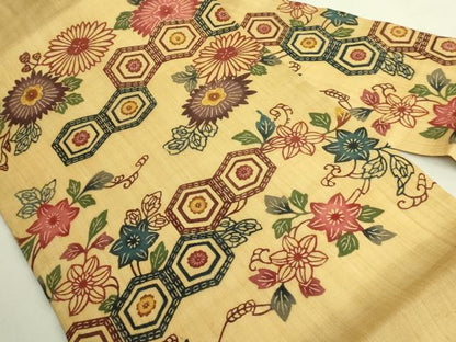 平和屋本店＊極上　夏物　芭蕉布　手積み芭蕉糸100％　九寸名古屋帯　本場琉球紅型　亀甲花文　逸品　DZAB9102kh6