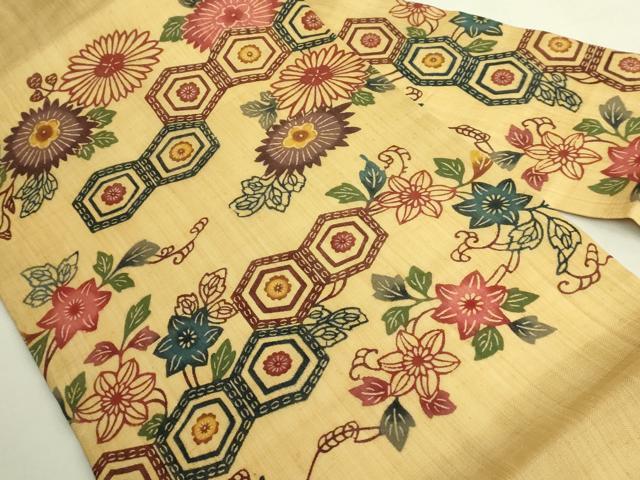 平和屋本店＊極上　夏物　芭蕉布　手積み芭蕉糸100％　九寸名古屋帯　本場琉球紅型　亀甲花文　逸品　DZAB9102kh6