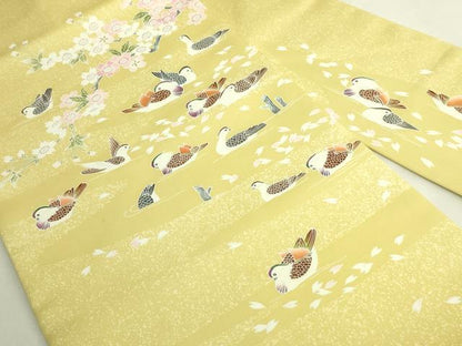 平和屋本店●極上　日本工芸会正会員　東京手描友禅作家　生駒暉夫　塩瀬　九寸名古屋帯 鴛鴦桜文 反端・紙タグ付 逸品 未使用 DZAB9109kh6