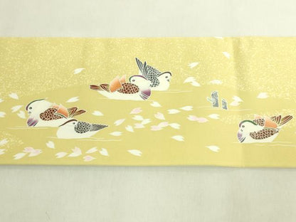 平和屋本店●極上　日本工芸会正会員　東京手描友禅作家　生駒暉夫　塩瀬　九寸名古屋帯 鴛鴦桜文 反端・紙タグ付 逸品 未使用 DZAB9109kh6