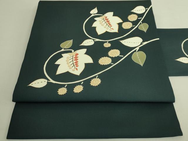 平和屋着物●極上　京の名門　友禅　染の北川 塩瀬 九寸名古屋帯 駒刺繍 枝葉文 百入茶色地 宮腰織物 五泉 反端付 逸品 未使用 DZAB9110kh6