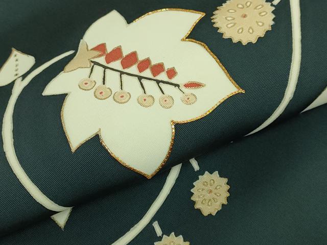 平和屋着物●極上　京の名門　友禅　染の北川 塩瀬 九寸名古屋帯 駒刺繍 枝葉文 百入茶色地 宮腰織物 五泉 反端付 逸品 未使用 DZAB9110kh6