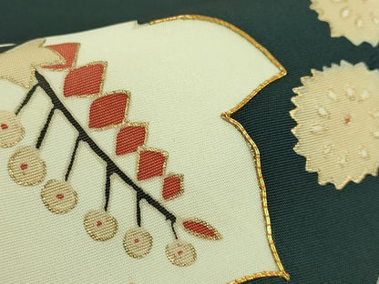 平和屋着物●極上　京の名門　友禅　染の北川 塩瀬 九寸名古屋帯 駒刺繍 枝葉文 百入茶色地 宮腰織物 五泉 反端付 逸品 未使用 DZAB9110kh6