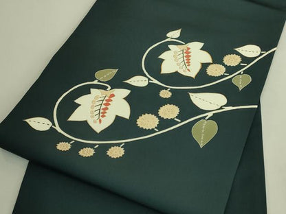 平和屋着物●極上　京の名門　友禅　染の北川 塩瀬 九寸名古屋帯 駒刺繍 枝葉文 百入茶色地 宮腰織物 五泉 反端付 逸品 未使用 DZAB9110kh6