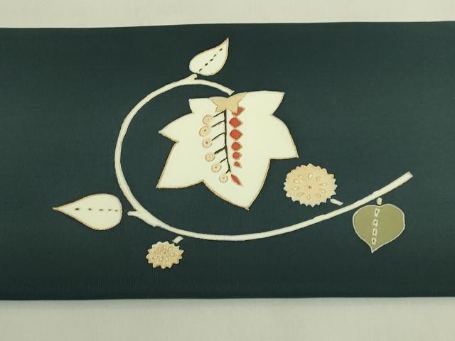 平和屋着物●極上　京の名門　友禅　染の北川 塩瀬 九寸名古屋帯 駒刺繍 枝葉文 百入茶色地 宮腰織物 五泉 反端付 逸品 未使用 DZAB9110kh6