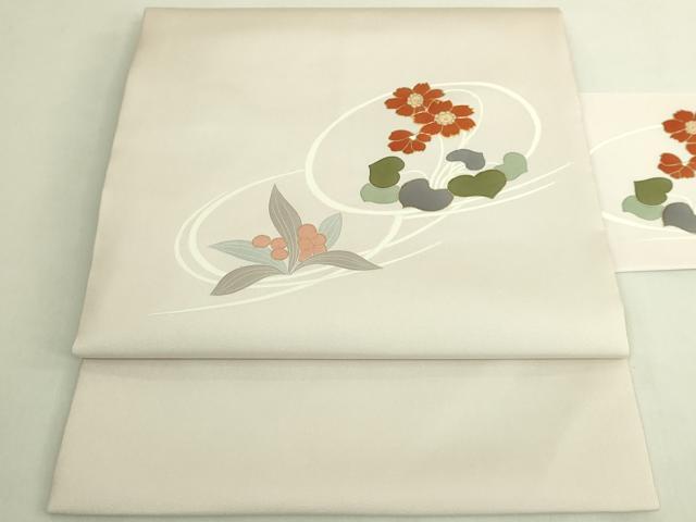 平和屋着物●極上　塩瀬　九寸名古屋帯　駒刺繍　草花文　薄い鴇鼠色地　金彩　反端付き　逸品　DZAB9113kh6